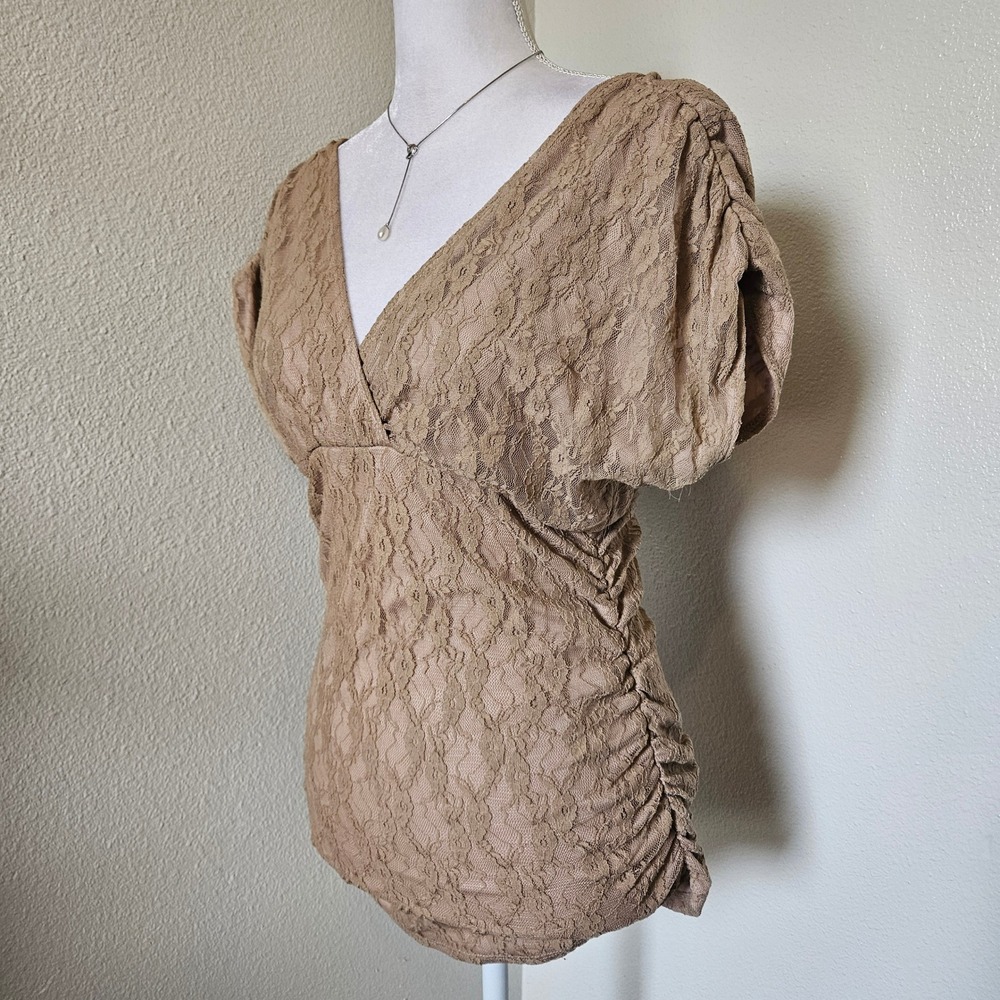 Wet Seal Lace Surplice V-Neck Ruched Top Tan Brown